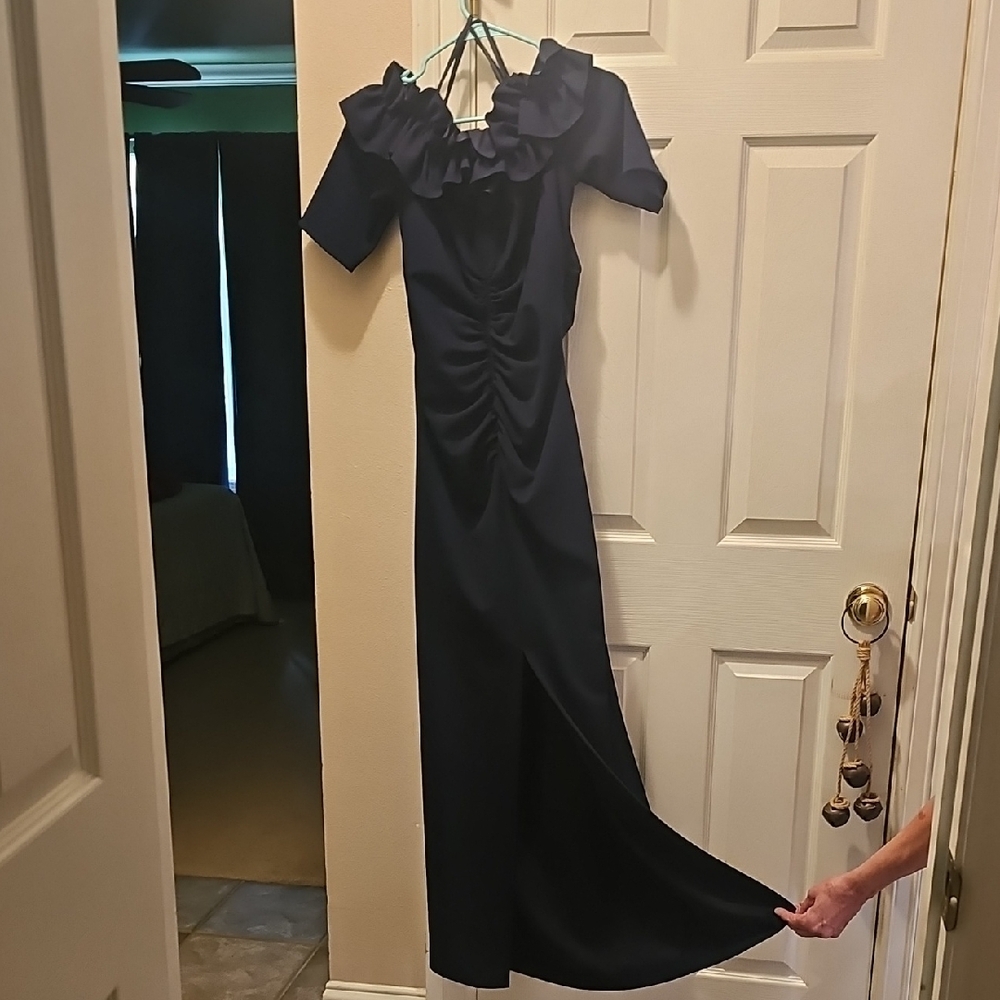 Xscape Navy Blue Ruched Off-Shoulder Gown - Picture 9 of 10